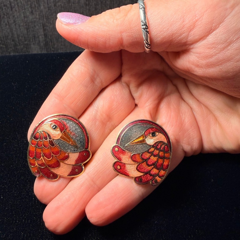 Vintage Red Orange Cloisonne Enamel Bird Stud Earrings Gold Tone Pheonix - Picture 2 of 6